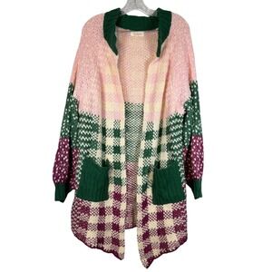 Listicle Plaid Knit Open Front Cardigan Sweater Women's Sz S Pink Green Burgundy